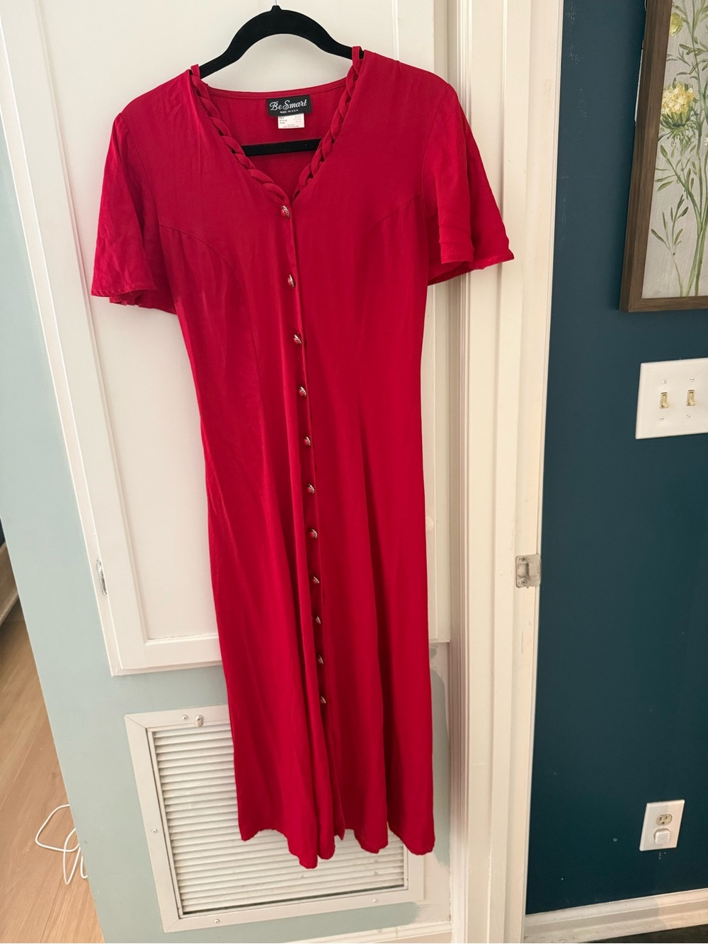 Red Button-Front Midi Dress corset backside flutter sleeves '90's Vintage